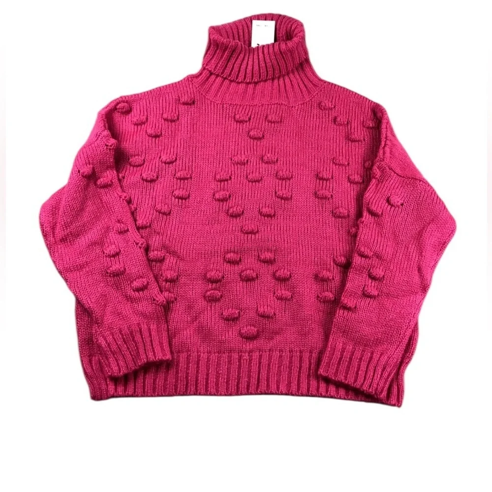 John + Jenn | Pink Raspberry Heart Bubbles Chunky Turtleneck Sweater Size Medium